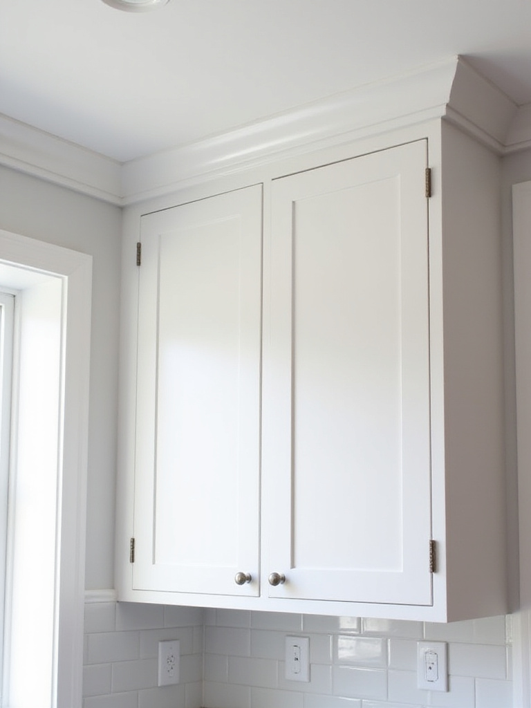 White kitchen cabinets featuring simple, elegant crown molding along the top edge, providing a finished look where the cabinets meet the ceiling.