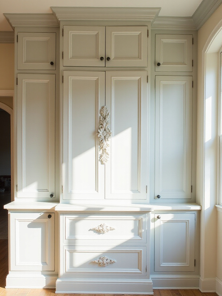 Kitchen cabinets painted in a soft color featuring decorative crown molding along the top and a carved applique detail on a cabinet door, showcasing how trim and appliques enhance cabinet style.