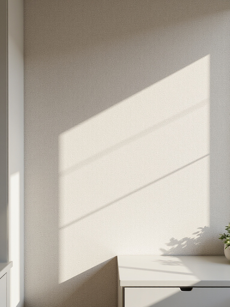Kitchen wall covered in subtle woven textured wallpaper, highlighted by sunlight to show depth and dimension.
