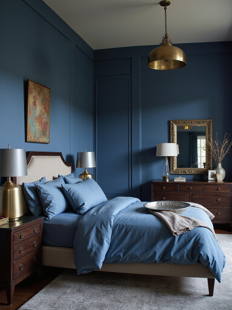 Elegant blue bedroom with gold metallic accents, featuring a bed, bedside lamps, a framed mirror, and decorative metallic objects.