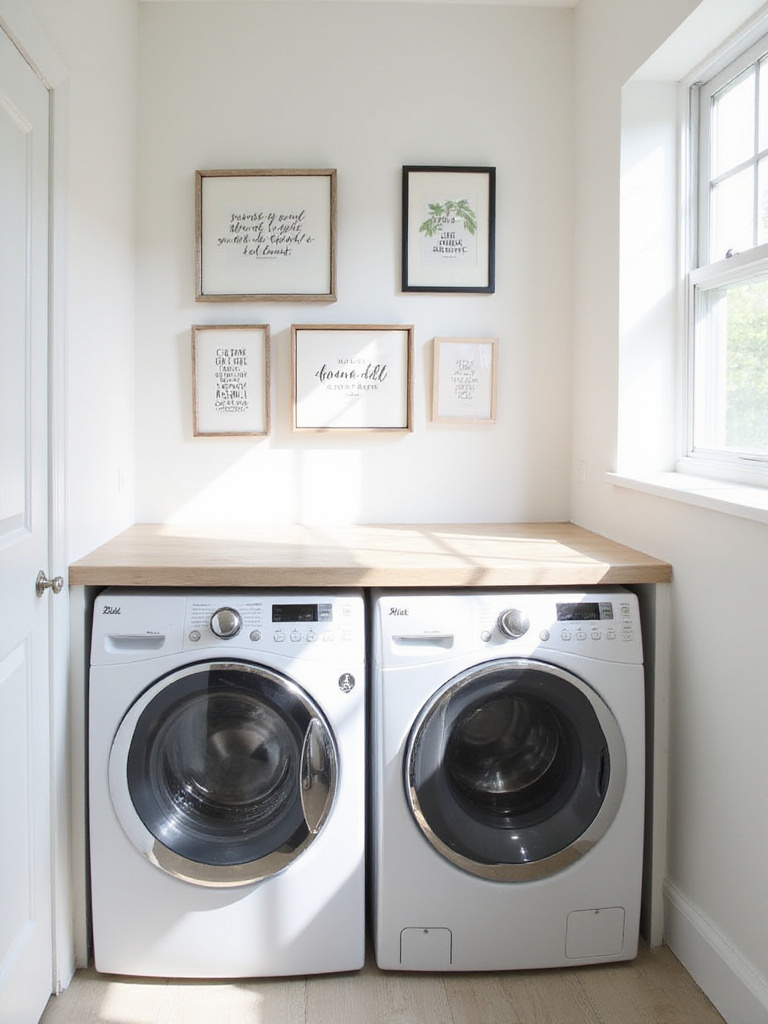 Modern laundry room with front-loading machines, wood counter, and framed humorous and botanical wall art above.