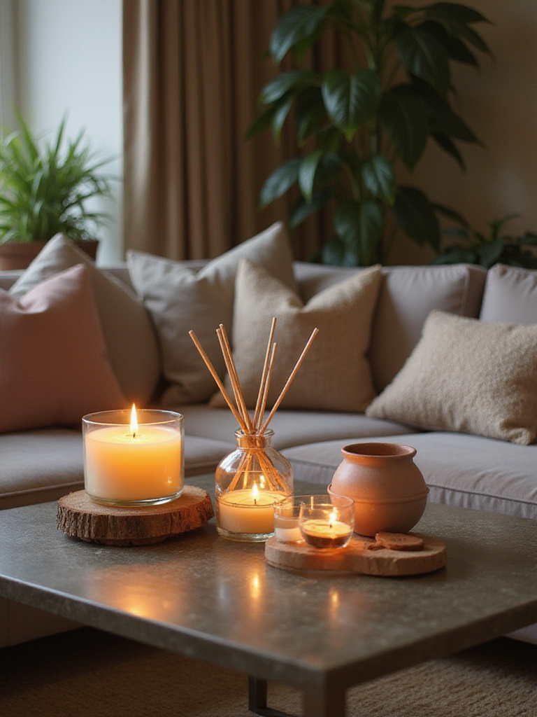 A cozy living room featuring scented candles and diffusers arranged elegantly on a coffee table.