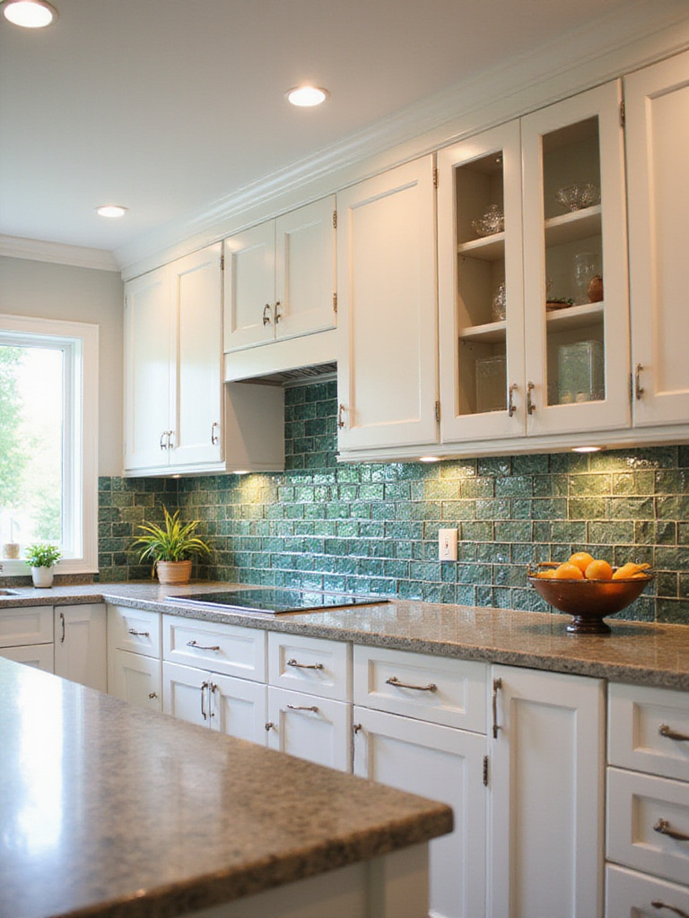 Vibrant glass tile backsplash in a kitchen with white cabinets, showcasing light reflection and color.