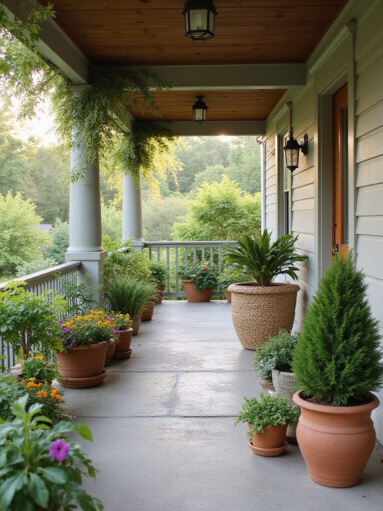 Lush greenery and potted plants on a welcoming front porch.