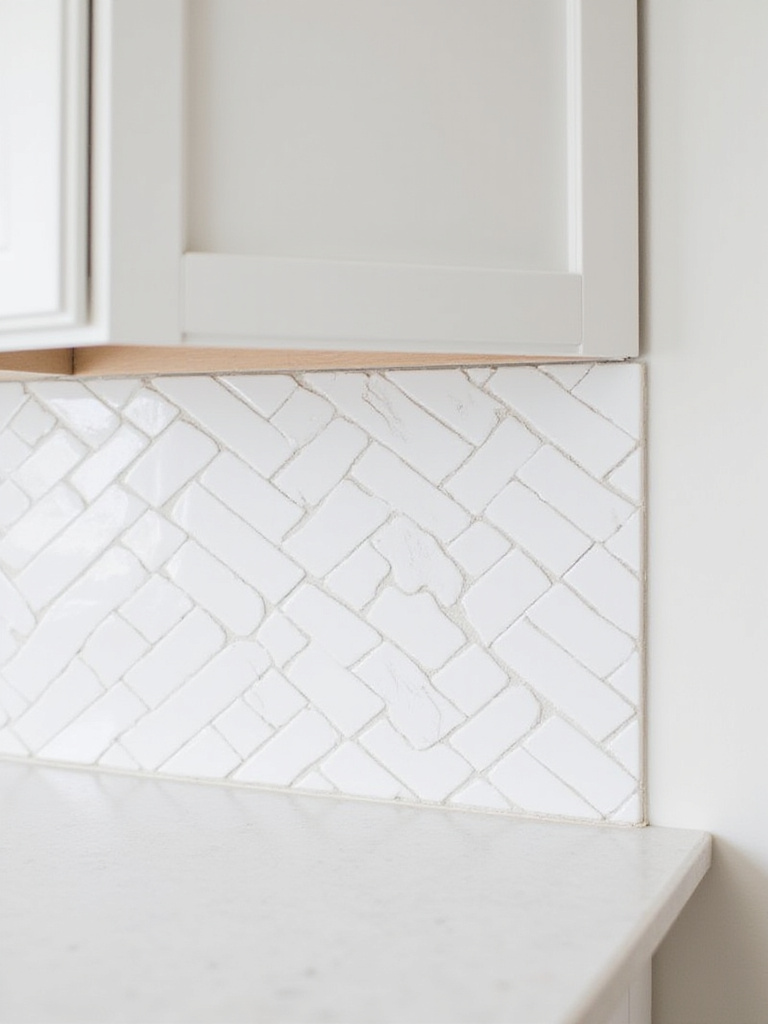 Dynamic herringbone tile pattern installed as a kitchen backsplash behind white cabinets.