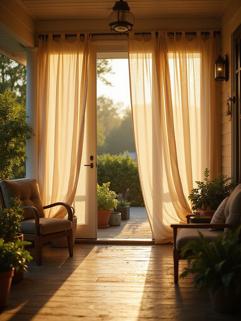 Front porch with flowing outdoor curtains providing privacy and shade.