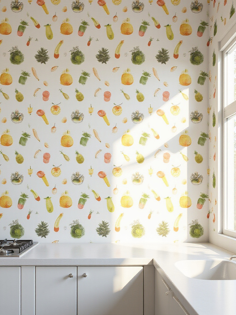 Kitchen wall decorated with a fun, colorful wallpaper featuring a pattern of stylized fruits and vegetables.