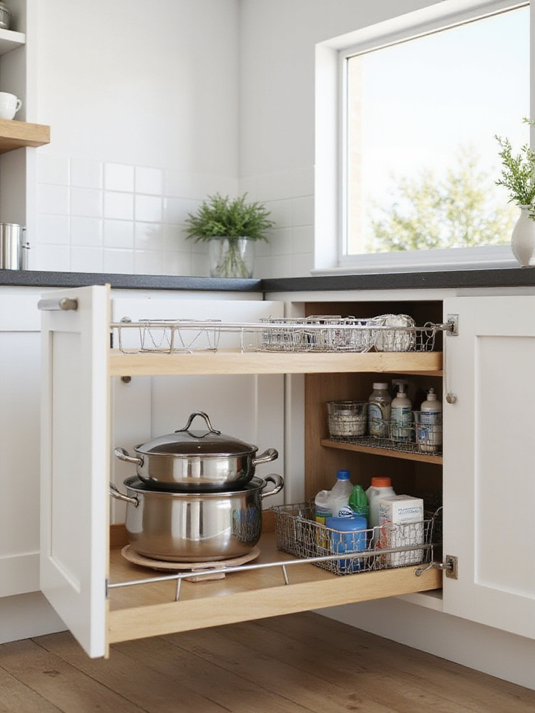 Open kitchen cabinet with a pull-out shelf extended, displaying organized pots and pans, alongside a pull-out basket organizer with cleaning supplies, demonstrating improved storage and accessibility in a kitchen makeover.