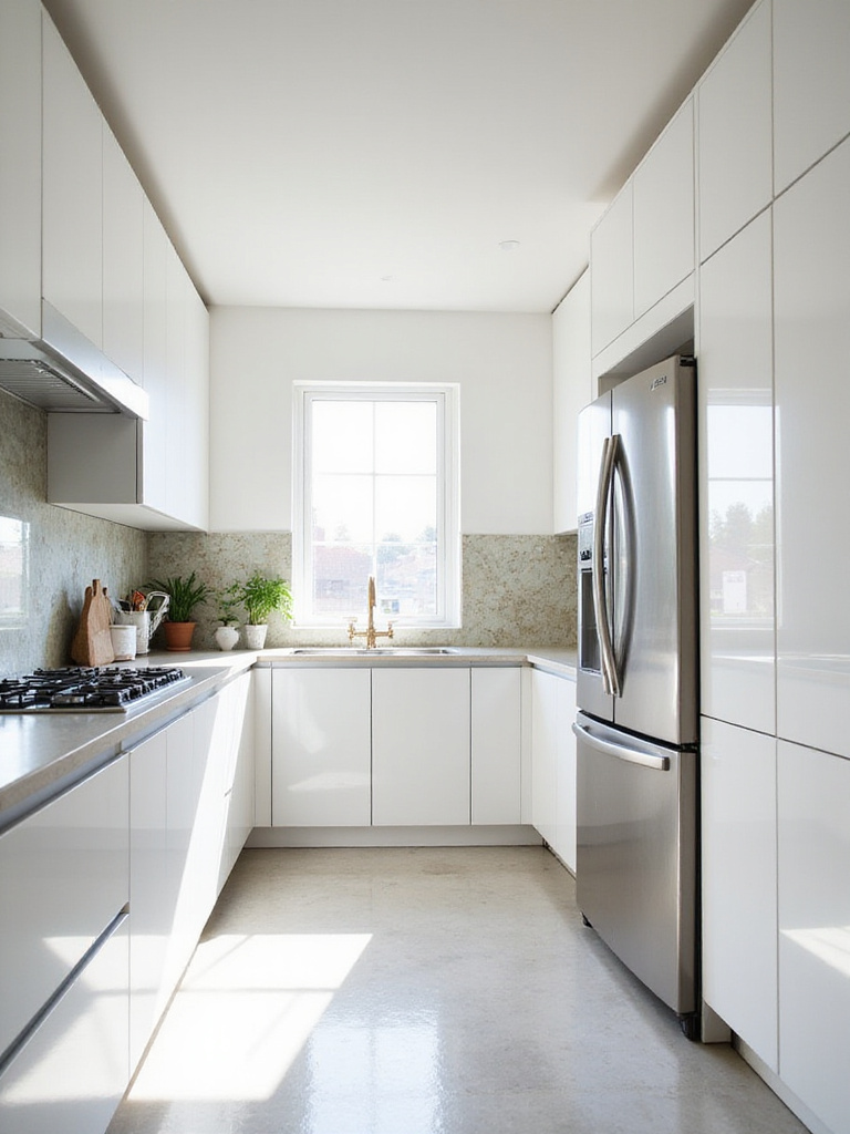 A small modern kitchen featuring high-gloss white cabinets and a mirrored backsplash to make the space feel larger and brighter by reflecting light.