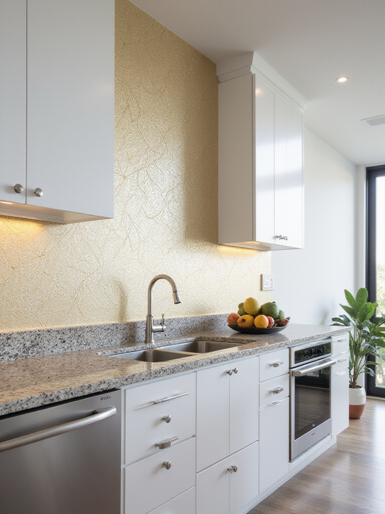 Modern kitchen accent wall featuring white cabinets and wallpaper with subtle gold metallic geometric patterns.