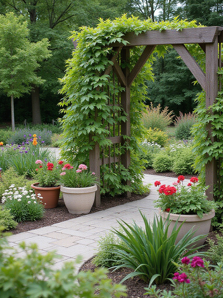 A flower garden incorporating structural elements like a trellis, pathway, and container plants.