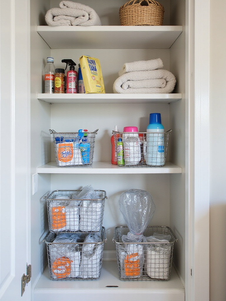 Laundry room shelves with wire baskets underneath holding laundry supplies.