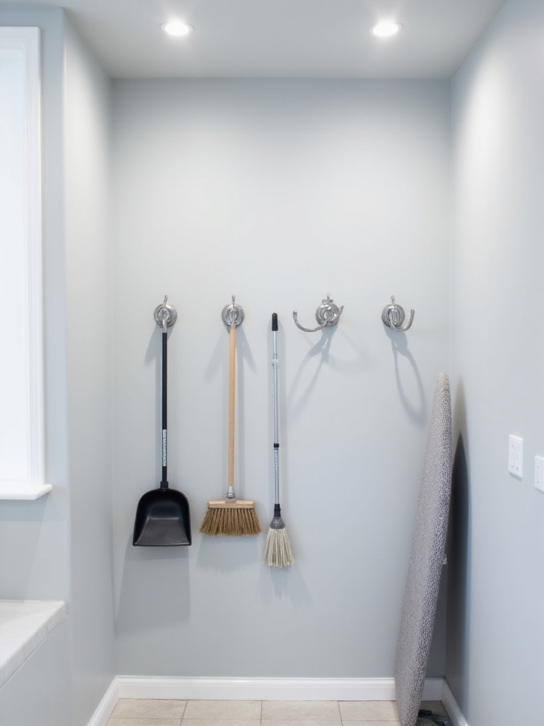 Laundry room wall storage with hooks for broom, mop, and ironing board.