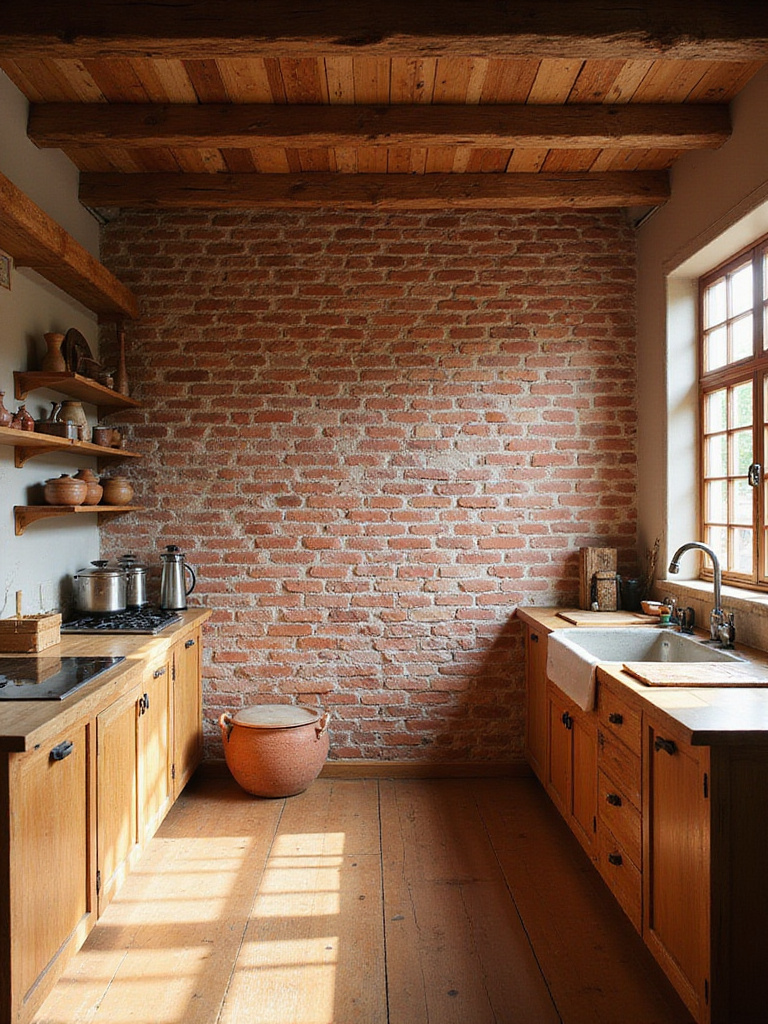 Rustic kitchen featuring a charming accent wall made of reclaimed red brick, adding warmth and texture to the space.