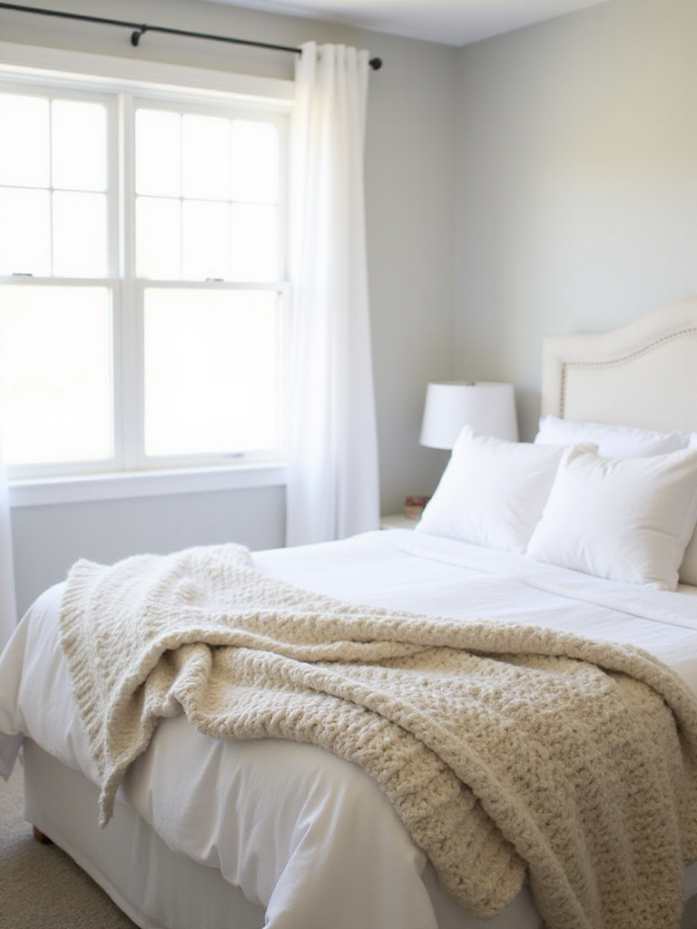 Cozy bedroom with white linens and a cream chunky knit throw blanket draped over the foot of the bed.