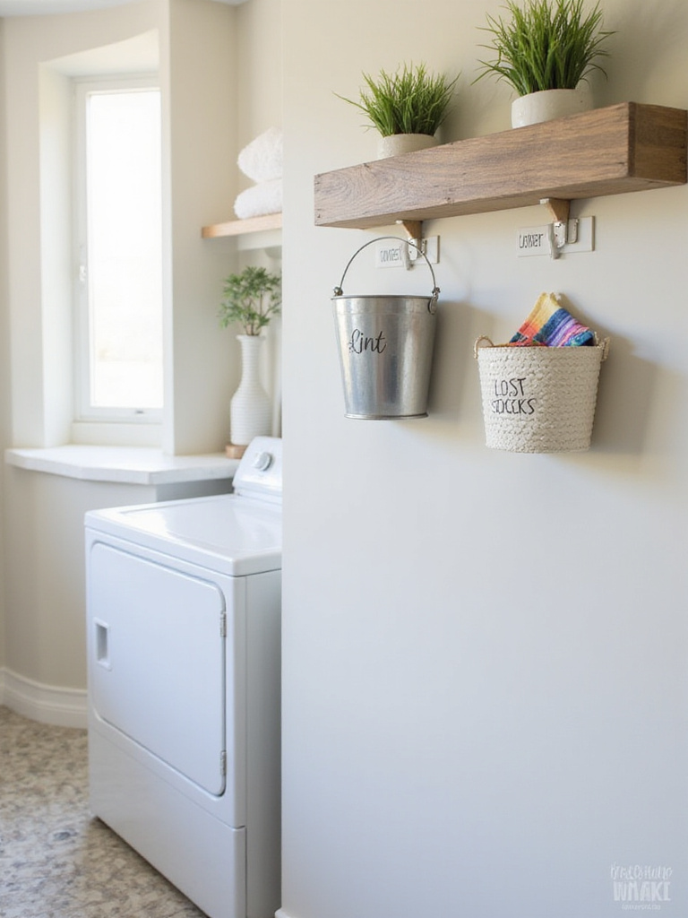 Stylish lint bin and lost sock container mounted on the wall in a bright, organized laundry room.