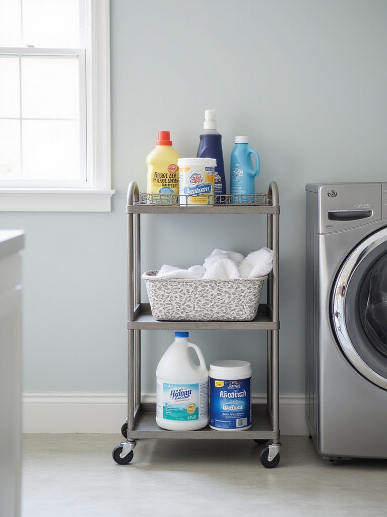 Rolling utility cart with laundry supplies in a modern laundry room