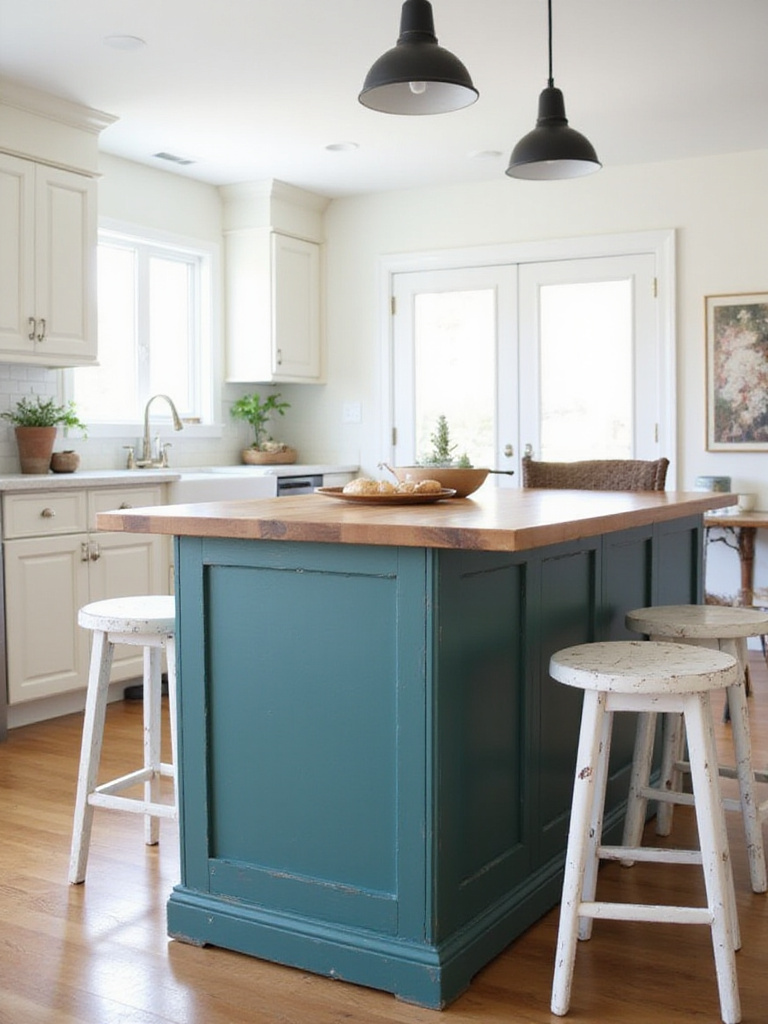 Teal painted kitchen island with distressed finish in a modern farmhouse kitchen.