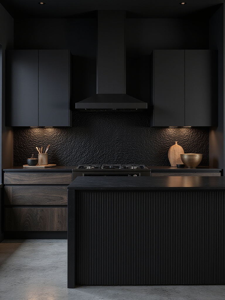 Modern black kitchen design featuring textured wood grain cabinets, a ribbed island, and a textured tile backsplash, illustrating how varied textures add depth to a black space.