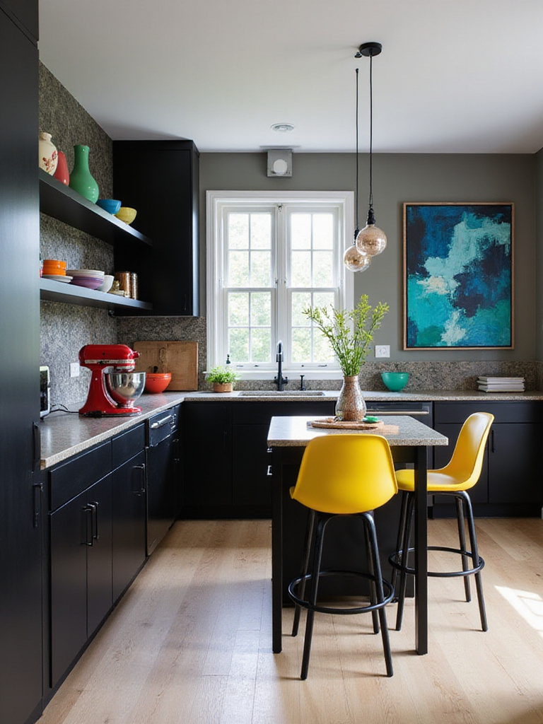 Modern black kitchen featuring vibrant color accents, including red stand mixer, yellow bar stools, colorful bowls on shelves, and abstract art, adding personality.