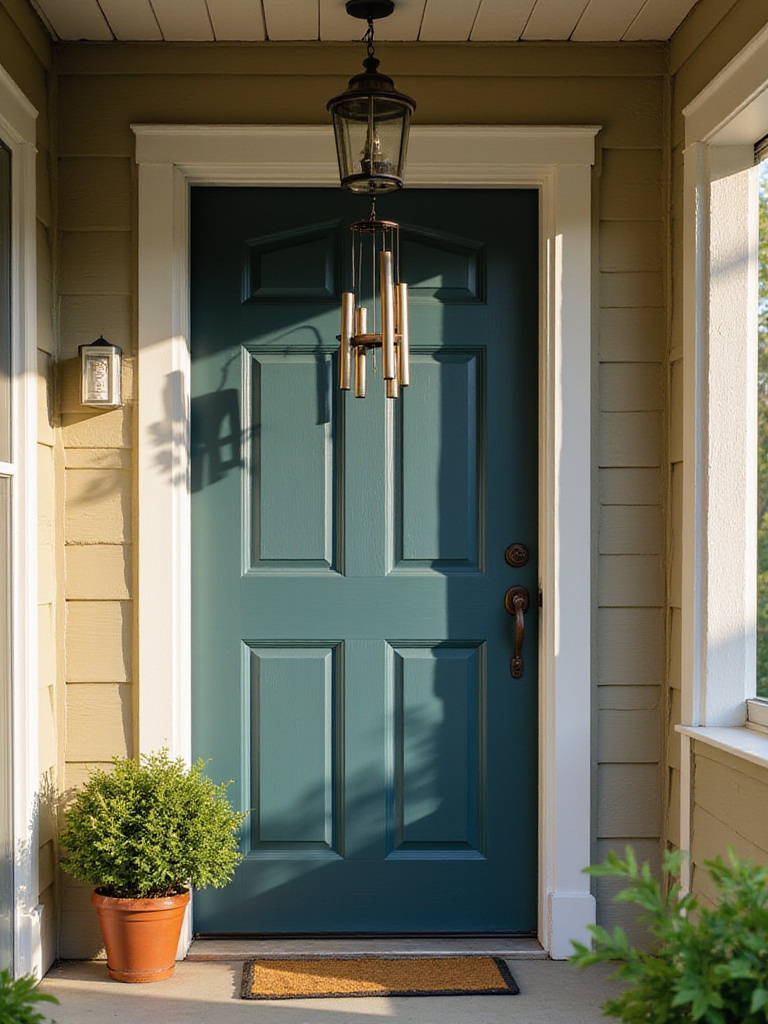 Decorative metal wind chime hanging by a navy blue front door under a porch overhang, adding subtle sound and visual interest to boost curb appeal.
