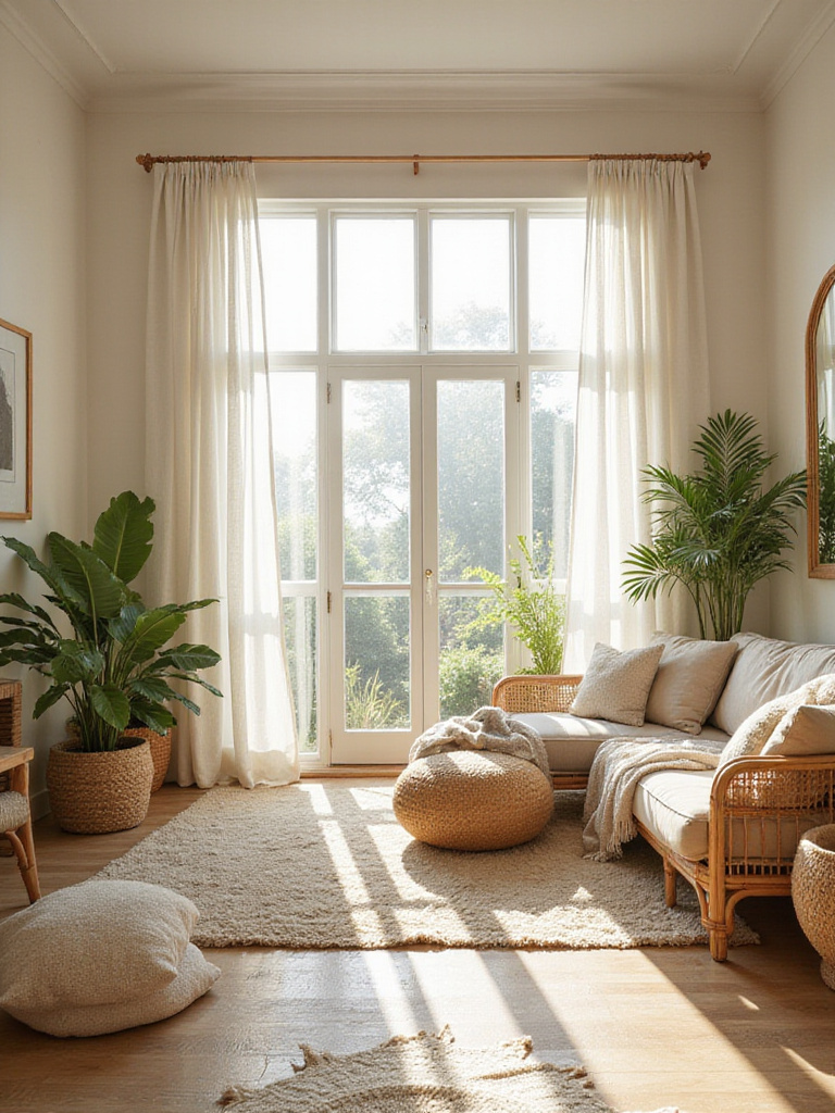 Bright and airy boho living room with large windows, sheer curtains, light furniture, plants, and a mirror reflecting natural light.