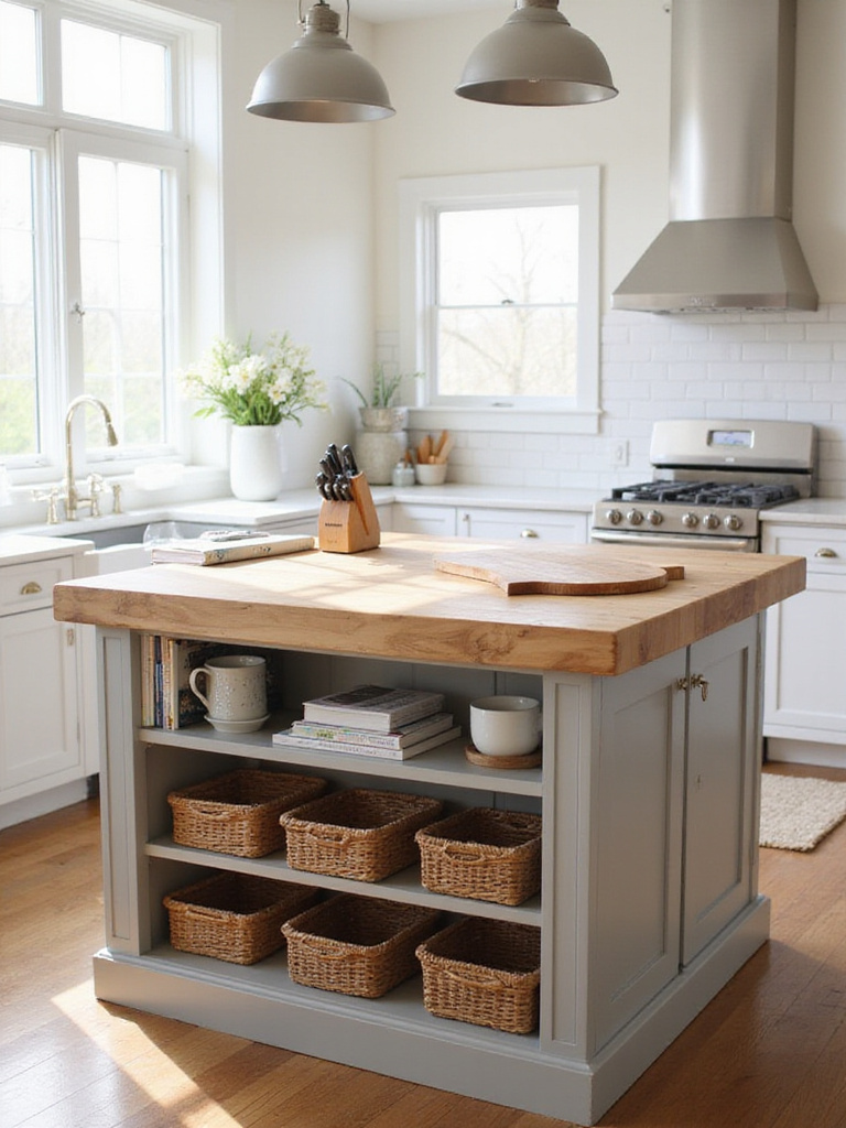 Butcher block kitchen island with open shelving in a modern farmhouse kitchen