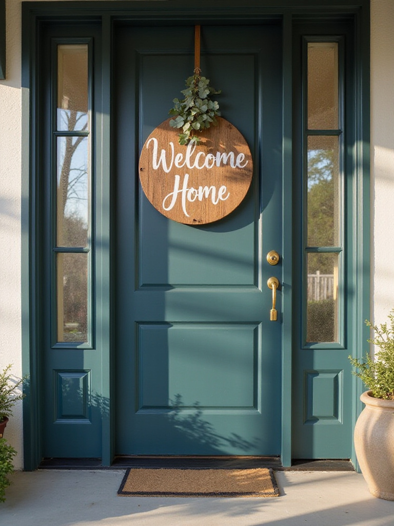 A charming craftsman-style front door with a circular wooden welcome sign hanging on it, featuring the text 'Welcome Home' and greenery.