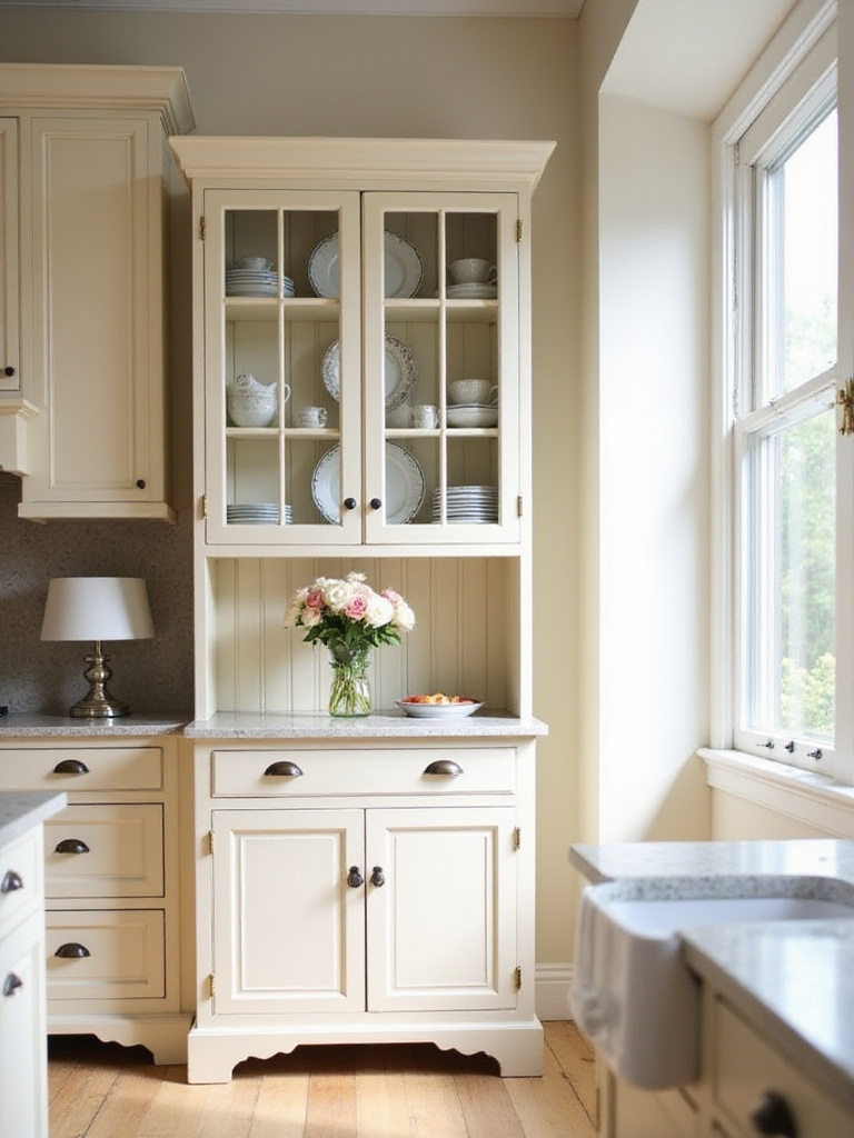 Classic kitchen hutch displaying dinnerware and adding storage