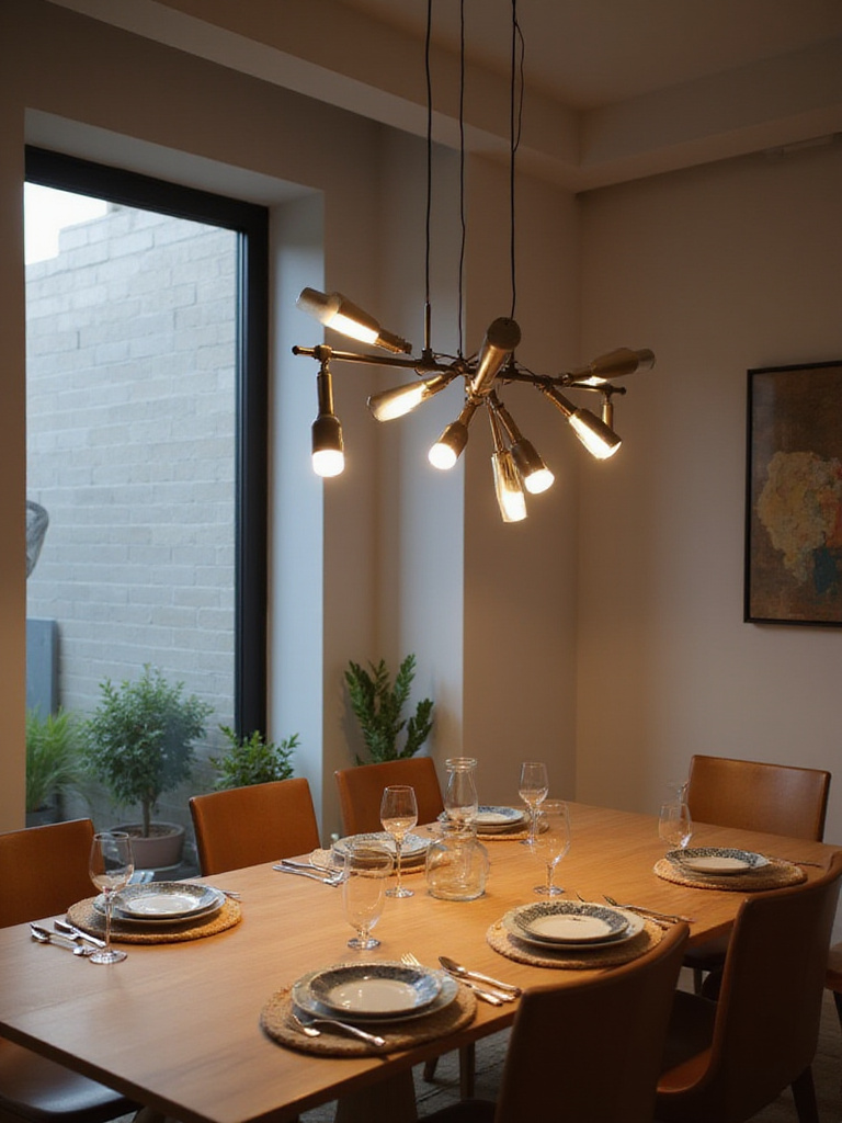Modern dining room with a rectangular wooden table and a linear pendant light fixture with an adjustable height feature suspended above it. The light casts a warm glow on the table.