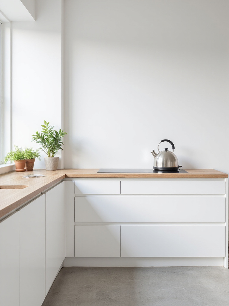 A clean, minimalist small kitchen featuring white handleless cabinets, light wood countertops with no clutter, and integrated appliances, emphasizing a spacious and organized design.