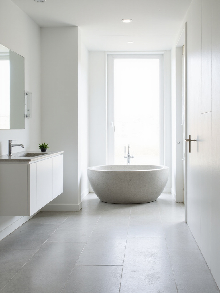 Minimalist bathroom featuring a polished concrete freestanding bathtub as a statement piece.