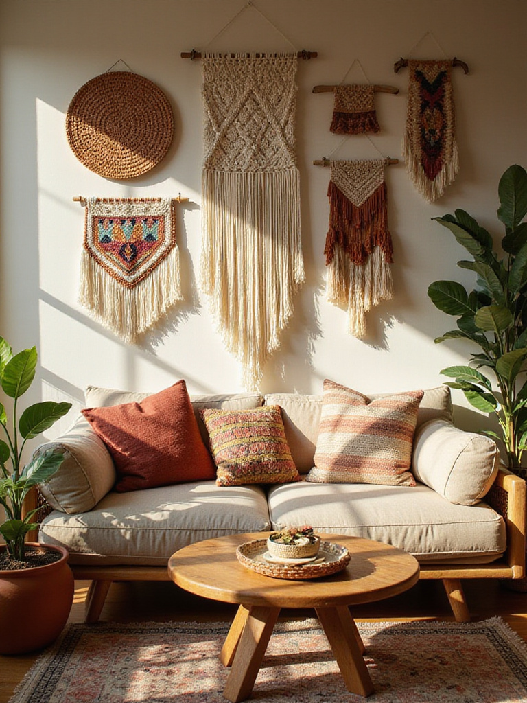 Bohemian living room with intricate macrame and woven wall hangings displayed above a cozy sofa, showcasing layered textures and natural decor.