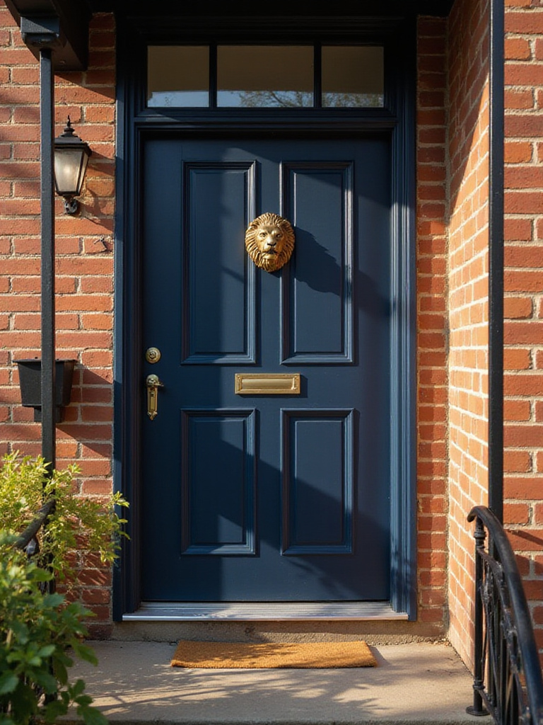 Detailed brass lion head door knocker on an elegant navy blue front door of a brick house.