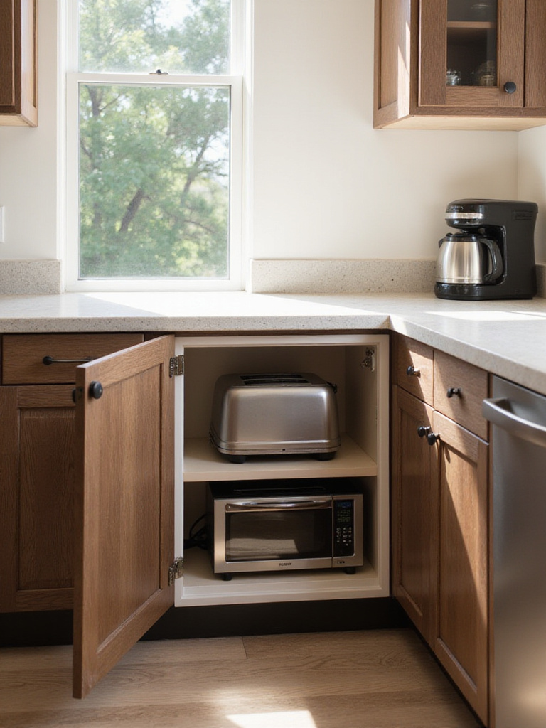Modern kitchen with built-in appliance garage concealing countertop appliances.