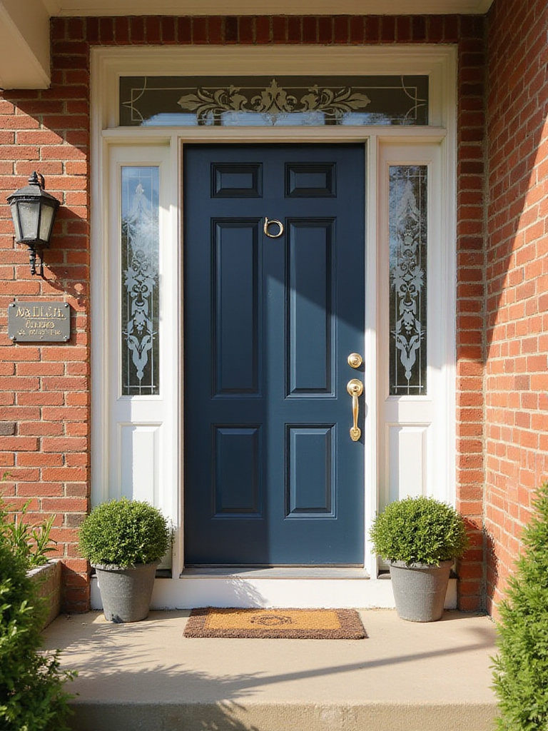 Front door with decorative frosted window film on sidelights and transom adding privacy and style to a traditional house.