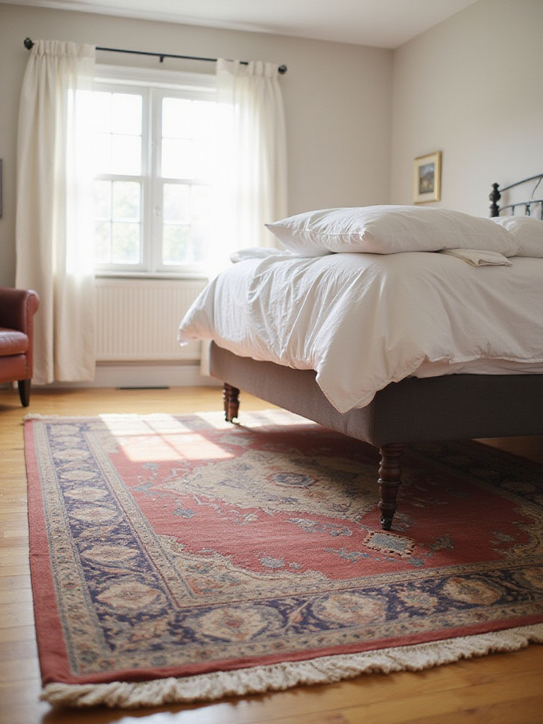 Bedroom with patterned area rug under bed, defining sleeping space.