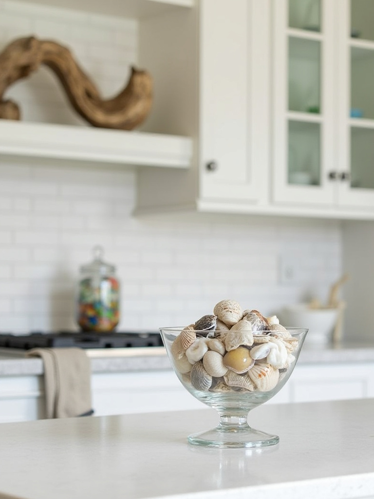 Natural coastal decor like shells, coral, or driftwood arranged thoughtfully in a kitchen, adding authentic texture and seaside charm.