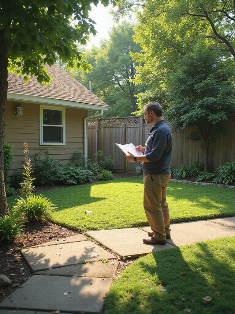 A gardener assessing sunlight and drainage conditions in a potential garden area.
