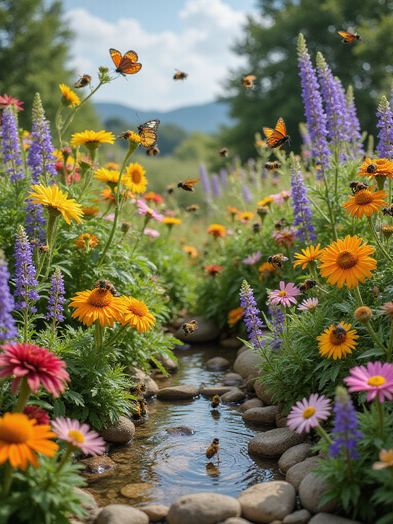 A vibrant flower garden scene showing various plants attracting bees, butterflies, and other pollinators.