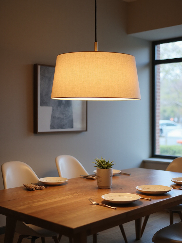 A modern dining table illuminated by a pendant light with an opaque shade, showing soft, glare-free lighting.