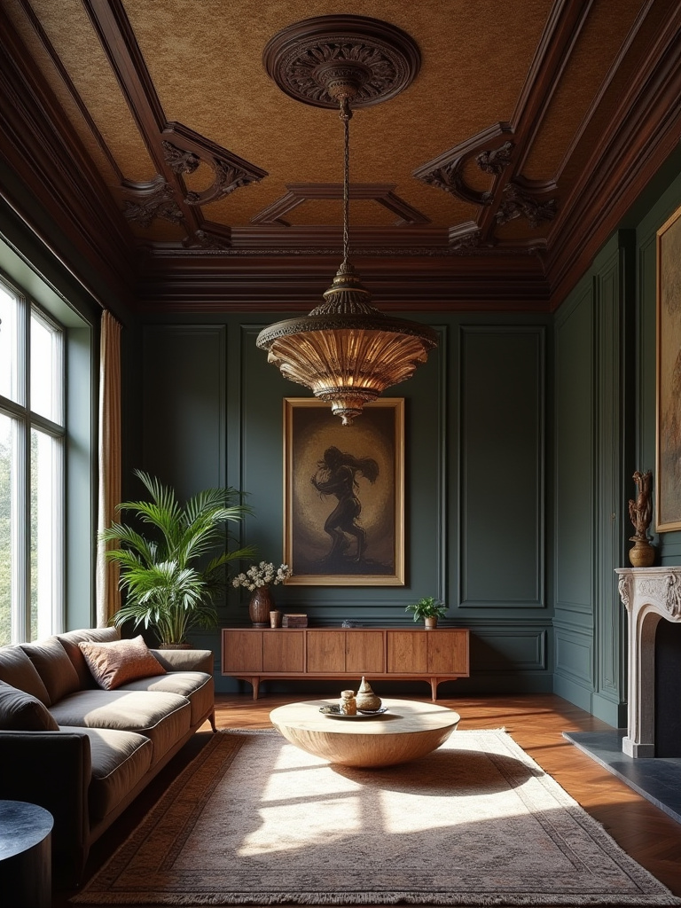 A living room with a dramatic ceiling treatment featuring dark painted color and decorative molding, showcasing how the 'fifth wall' can enhance interior design.