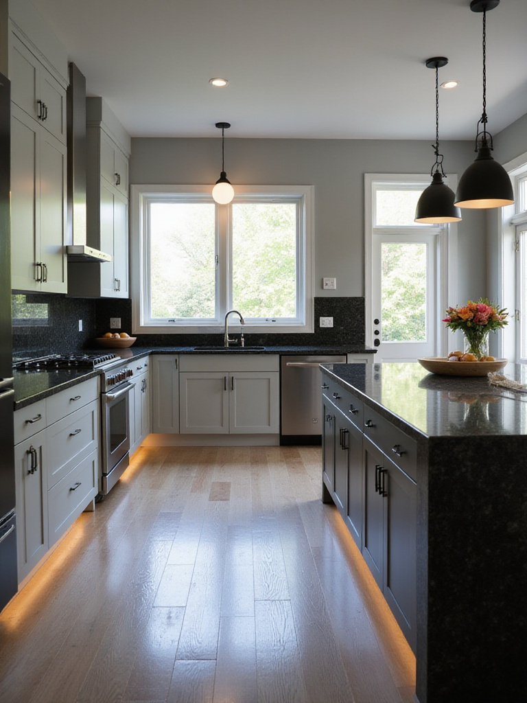 Modern kitchen featuring bold polished black granite countertops on perimeter and island with light gray cabinets and natural light.
