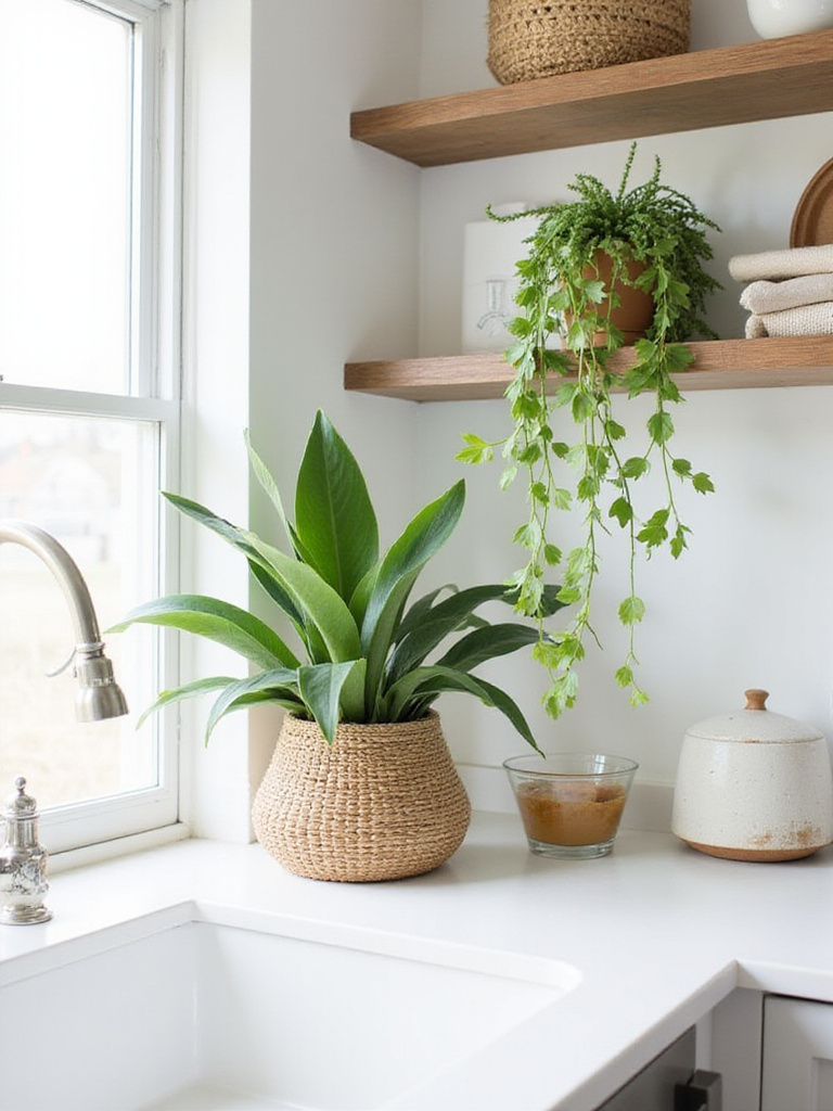 Coastal-friendly living plants like snake plants or pothos in natural material planters, brightening a kitchen corner and adding a touch of green.