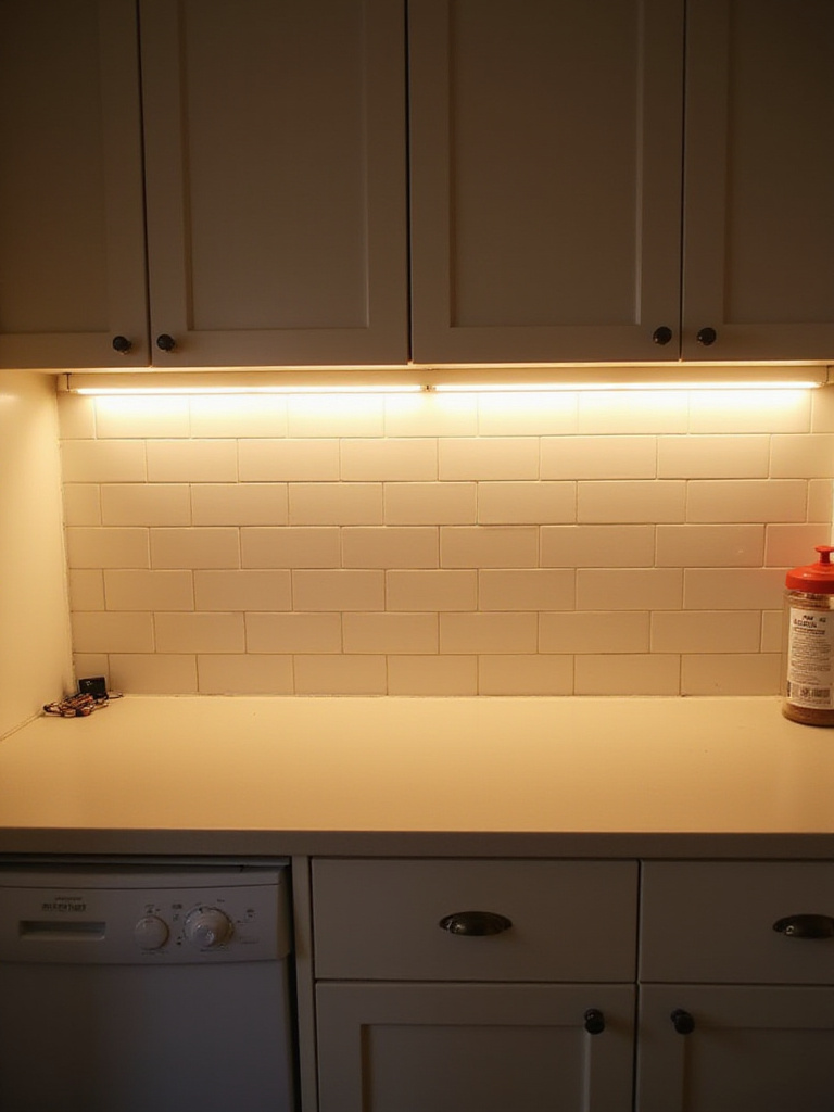 Brightly lit countertop in a small modern kitchen featuring under-cabinet LED lighting illuminating the work surface and backsplash.