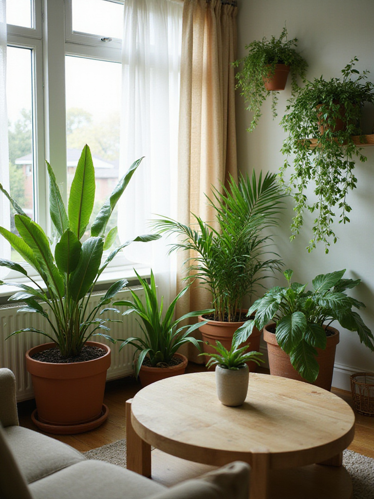 Cozy apartment living room decorated with easy-care indoor plants