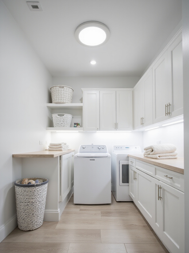 Bright and clean modern laundry room featuring layered lighting with a ceiling fixture and under-cabinet lights illuminating the space and countertop.