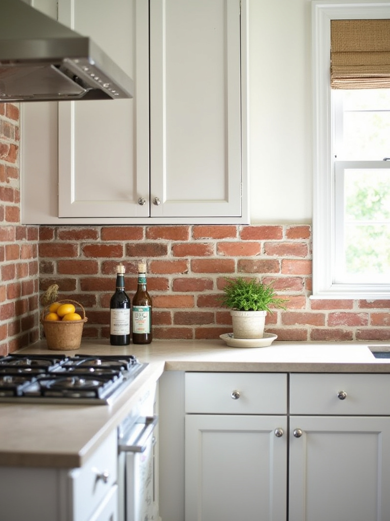 Rustic kitchen with authentic brick backsplash and white cabinets