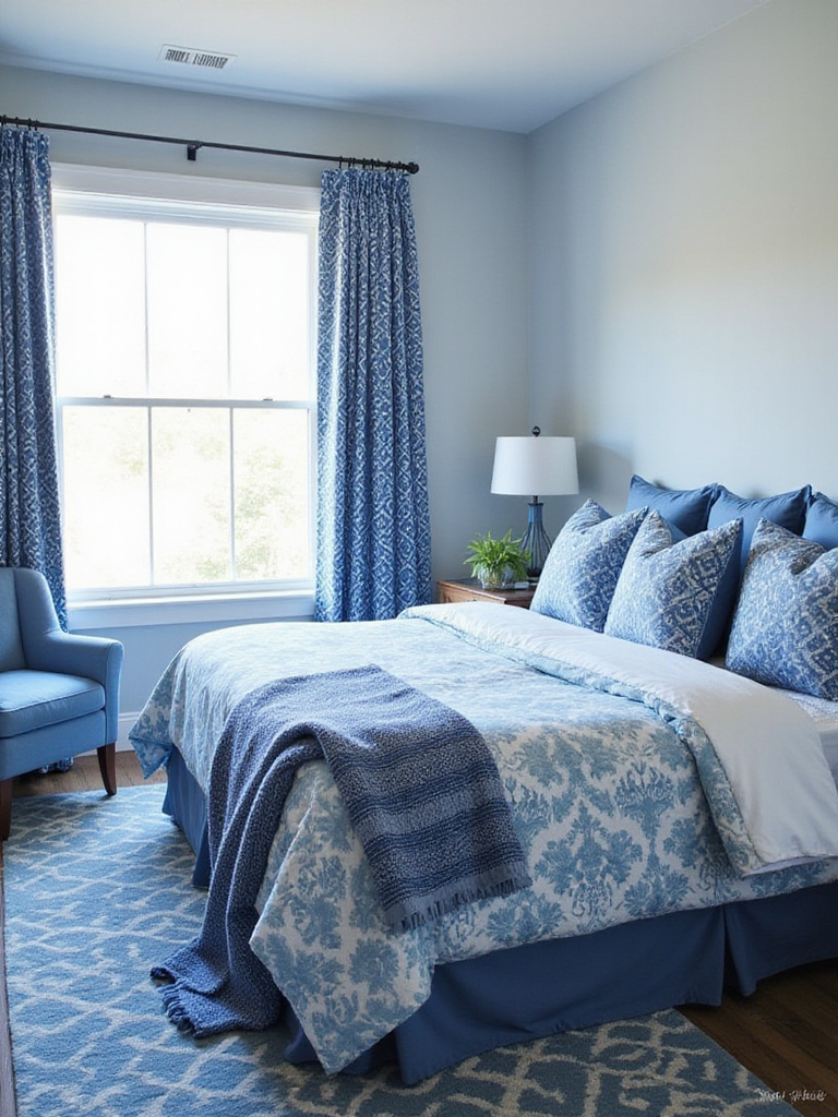 A serene blue bedroom showcasing a variety of patterned blue textiles on the bed, curtains, and rug, creating a layered and visually interesting space.
