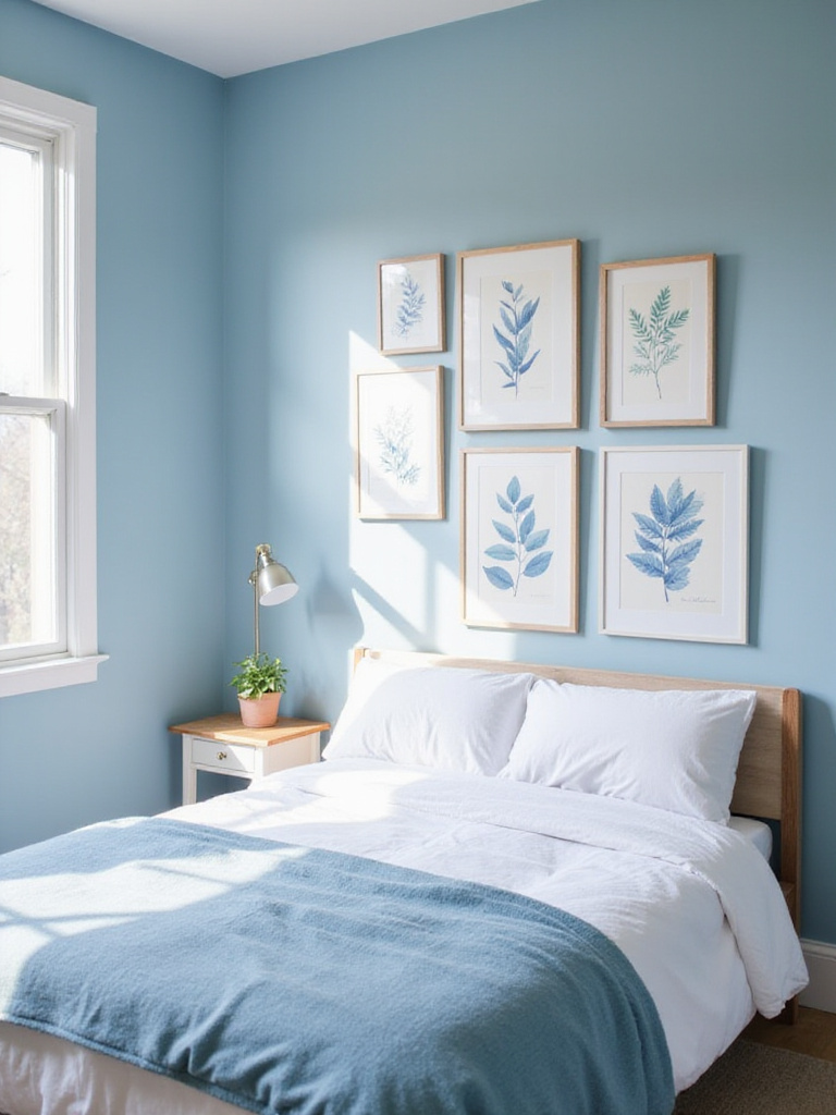 A serene blue bedroom featuring a gallery wall of framed blue botanical prints above the headboard, creating a calming, nature-inspired sanctuary.